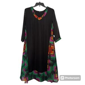 Women's 3/4 Sleeve Black Midi Dress w/ Multi Color Side L/XL